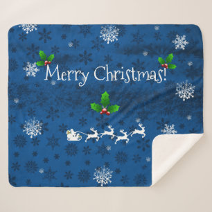 Blue Santa's Sleigh and Reindeer Sherpa Blanket