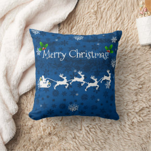 Blue Santa's Sleigh and Reindeer Throw Pillow