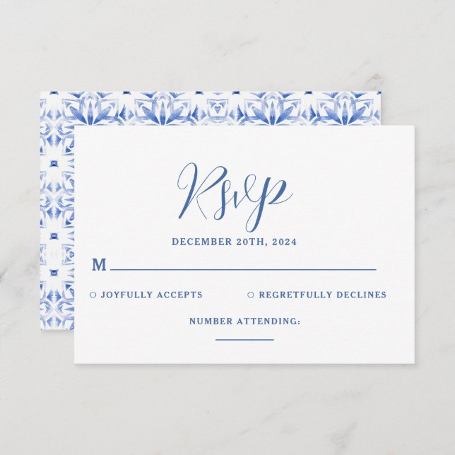 Blue  Santorini Greece Destination Wedding  RSVP Card (Front/Back)