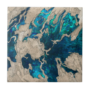 Blue Sapphire and Cement Mixed media abstract Ceramic Tile