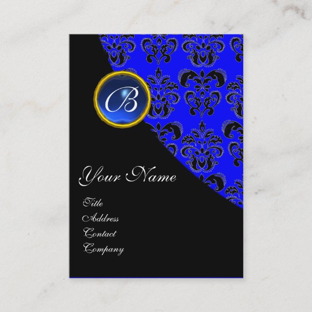 BLUE SAPPHIRE BLACK DAMASK MONOGRAM BUSINESS CARD (Front)