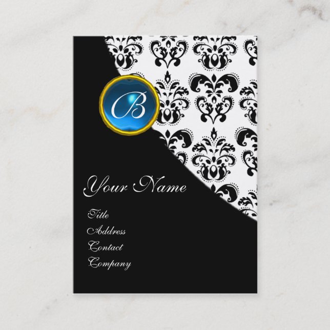BLUE SAPPHIRE DAMASK MONOGRAM BUSINESS CARD (Front)