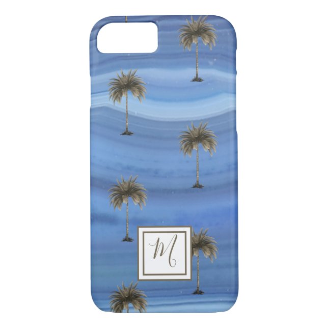 Blue Sapphire ElegantTropical Palm Tree Monogram Case-Mate iPhone Case (Back)