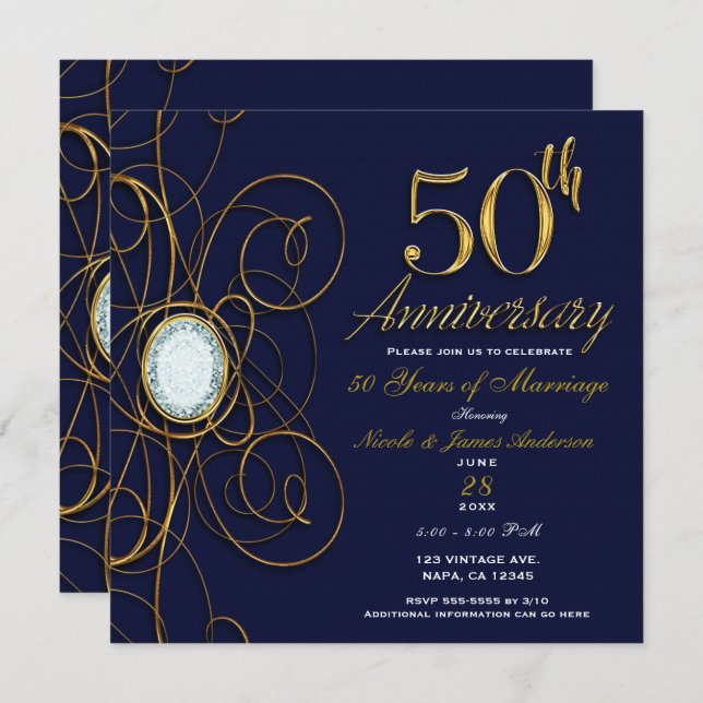 Blue Sapphire & Gold Diamond 50 50th Anniversary Invitation (Front/Back)