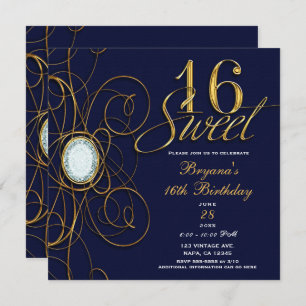 Blue Sapphire Gold Diamond Sweet 16 16th Birthday Invitation