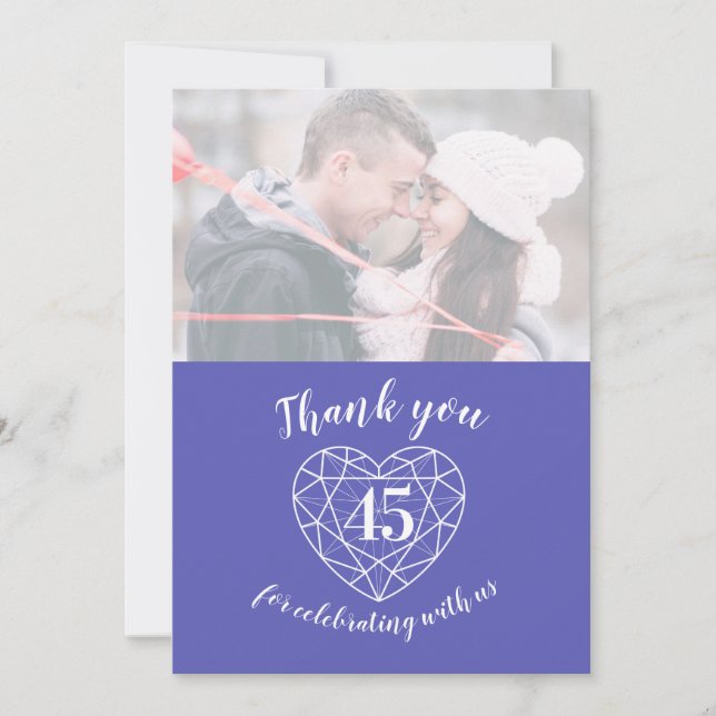 Blue sapphire heart anniversary 45 years photo thank you card (Front)