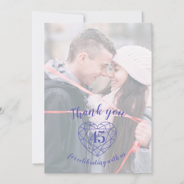 Blue sapphire heart anniversary 45 years photos thank you card (Front)