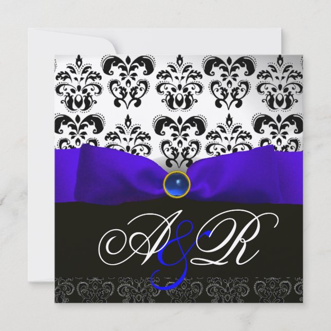 BLUE SAPPHIRE RIBBON WHITE BLACK  DAMASK MONOGRAM INVITATION (Front)