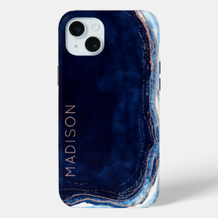Blue Sapphire & Rose Gold Geode Agate Personalised iPhone 15 Mini Case