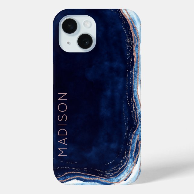 Blue Sapphire & Rose Gold Geode Agate Personalised Case-Mate iPhone Case (Back)