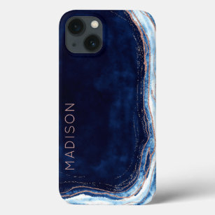 Blue Sapphire & Rose Gold Geode Agate Personalised iPhone 13 Case