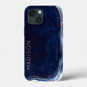 Blue Sapphire & Rose Gold Geode Agate Personalised iPhone 13 Mini Case