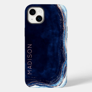 Blue Sapphire & Rose Gold Geode Agate Personalised Case-Mate iPhone 14 Plus Case
