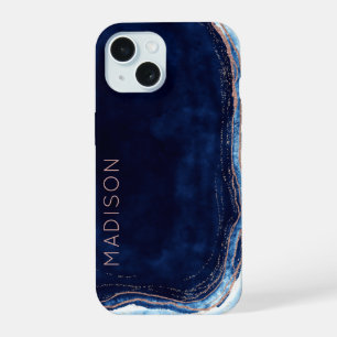 Blue Sapphire & Rose Gold Geode Agate Personalised iPhone 15 Case
