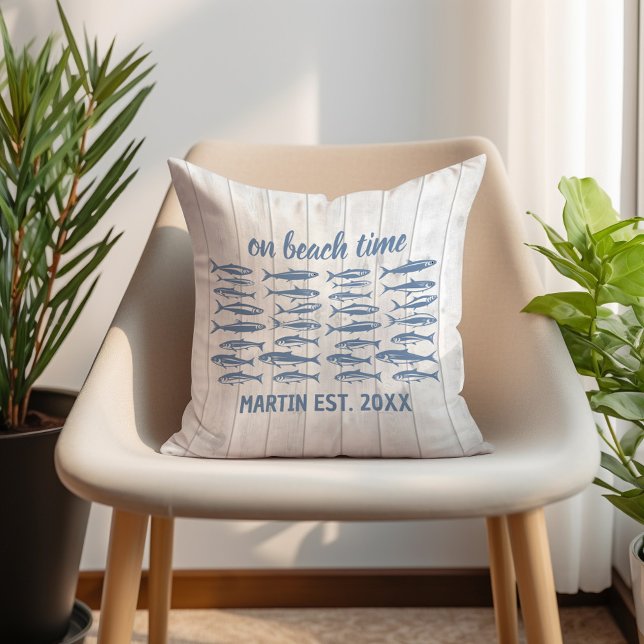 Blue Sardines Beach Time Family Name Cushion (Customizable sardine "On beach time" pillow. Personalized with your family name and established date)
