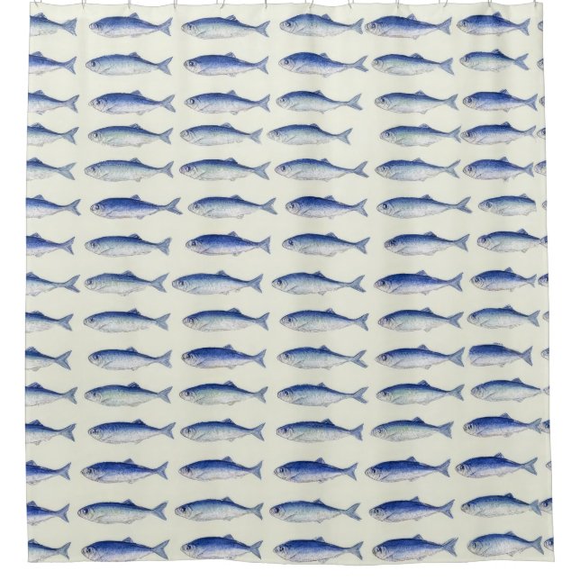 Blue Sardines Horizontal Minimal Coastal Pattern Shower Curtain (Front)