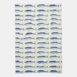 Blue Sardines Horizontal Minimal Coastal Pattern Tea Towel