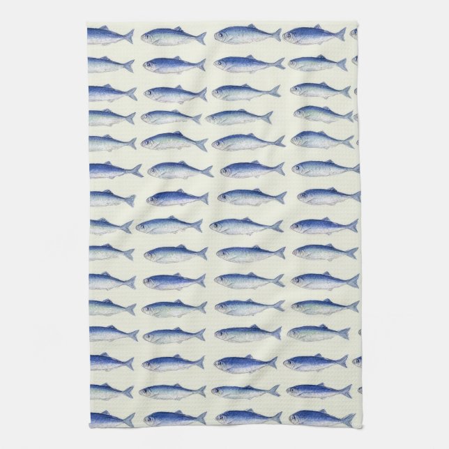 Blue Sardines Horizontal Minimal Coastal Pattern Tea Towel (Vertical)