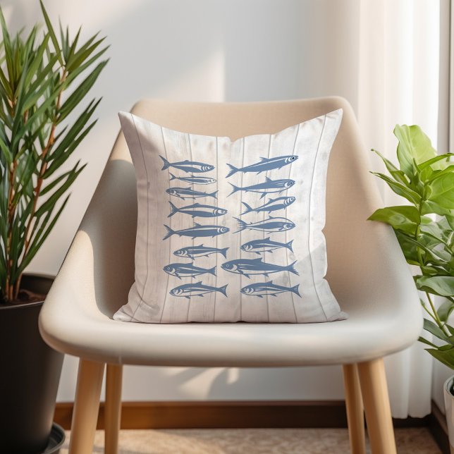 Blue Sardines Sea Life Ocean Nautical White Wood  Cushion (Blue sardine pattern pillow)
