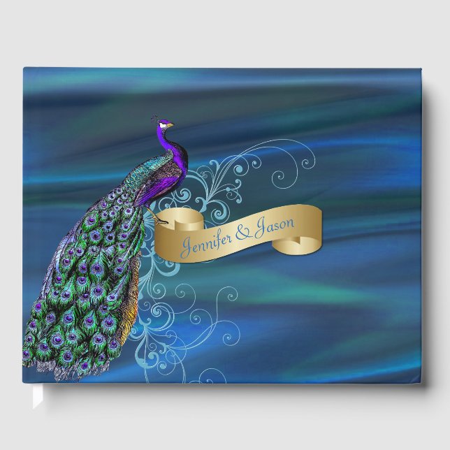 Blue Satin and Peacock Wedding Guest Book (Front)