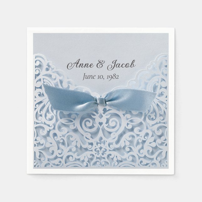 Blue Satin Bow On Lace for Anniversary Napkin (Front)