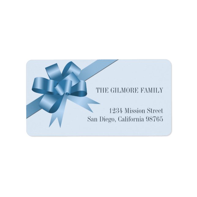Blue satin gift bow ribbon holiday return address label (Front)