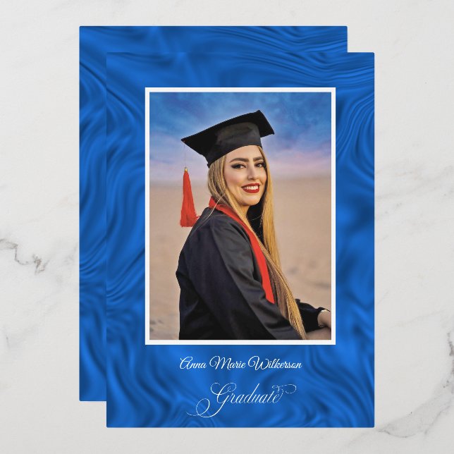 Blue Satin High School Graduation announcement (Front/Back)