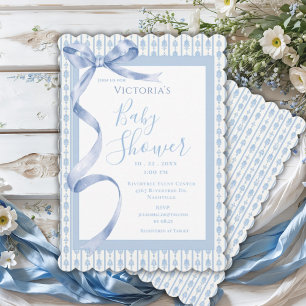 Blue Satin Ribbon Elegant Baby Boy Shower Invitation