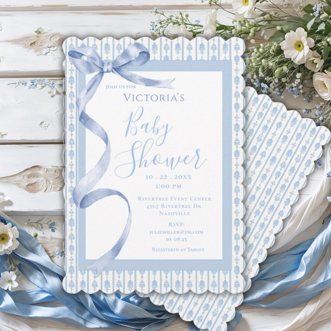 Blue Satin Ribbon Elegant Baby Boy Shower Invitation (Creator Uploaded)