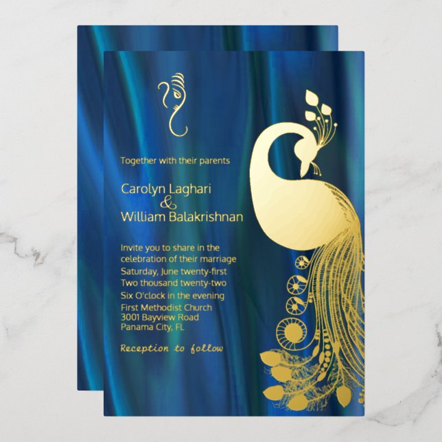 Blue Satin with Gold Peacock and Ganesha Wedding  (Front/Back)