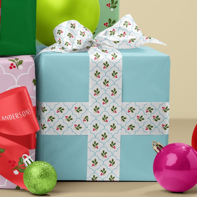 Blue Scallop Holly Branch and Berries Christmas Satin Ribbon (Grand millennial style white satin ribbon with ice blue scallops and festive Christmas holly sprigs)