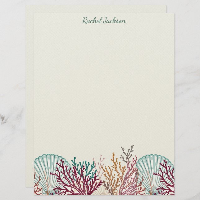 Blue Scallop Shells and Coral Custom Letterhead (Front/Back)