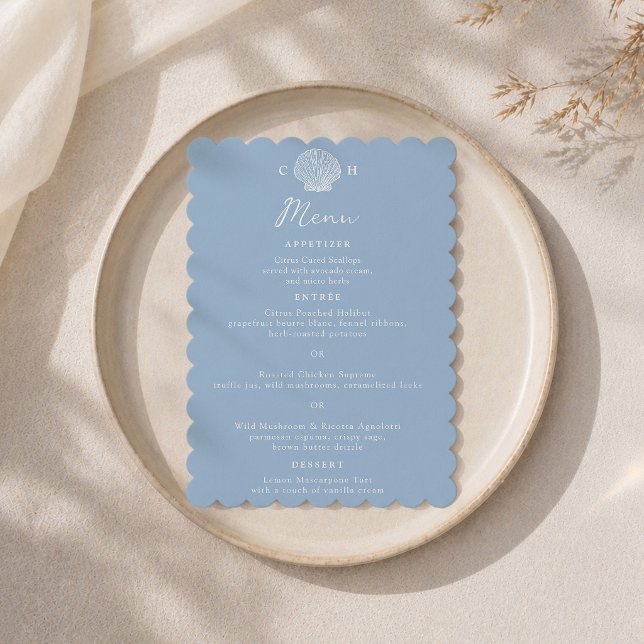 Blue Scalloped Coastal Seashell Wedding Menu Card (Creator Uploaded)