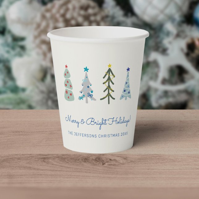 Blue Scandinavian Christmas Forest trees Paper Cups (Hand-drawn Scandinavian Christmas trees cups with your text for personalized Christmas party)
