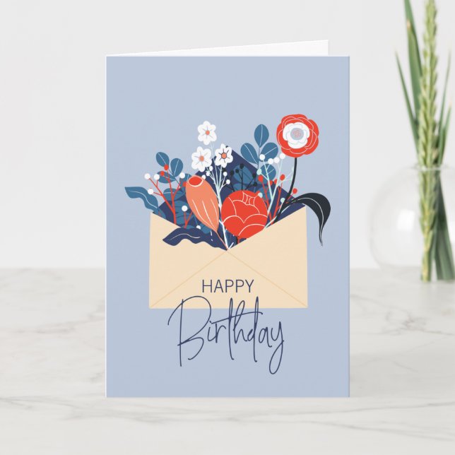Blue Scandinavian Floral Birthday Card (Front)