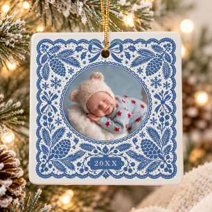 Blue Scandinavian Folk Art Pinecone Baby Photo Ceramic Ornament