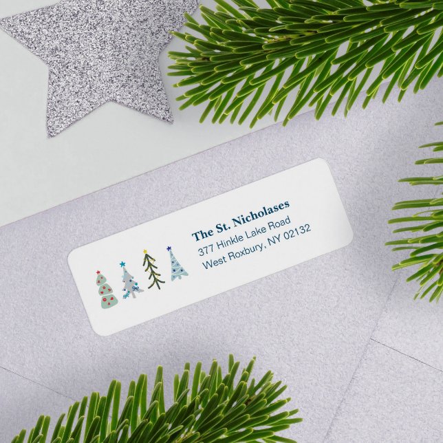 Blue Scandinavian Holiday Forest Return Address Label (Elegant Scandinavian Christmas tree return address label with your mailing information)