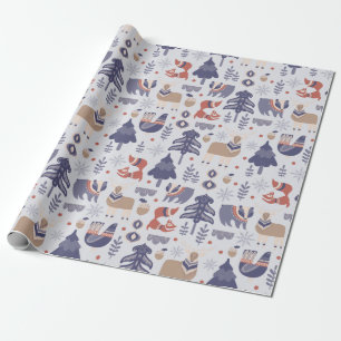 Blue Scandinavian Winter Fox Badger Wrapping Paper