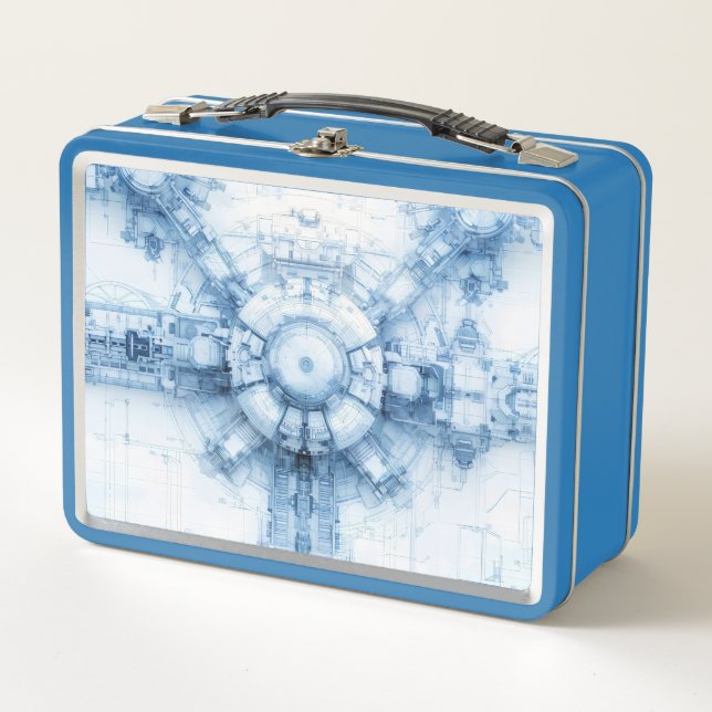 Blue Sci-Fi Space Base Metal Lunch Box (Front)