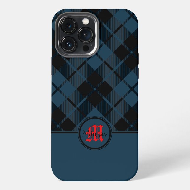 Blue Scottish Plaid Red Monogram iPhone Case (Back)