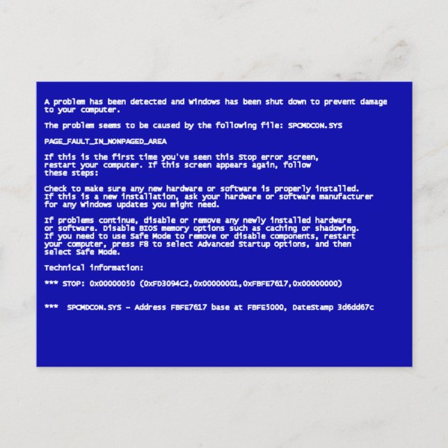 Blue Screen of Death Postcard (Front)