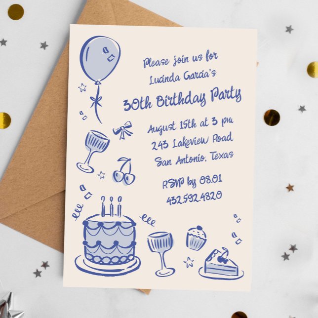 Blue Scribble Hand Drawn 30th Birthday Party Invitation (Blue 30th birthday party invite in whimsical scribble style)
