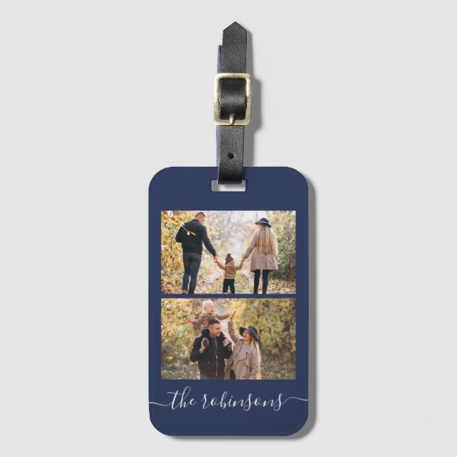 Blue Script 2 Photo Collage Luggage Tag (Front Vertical)