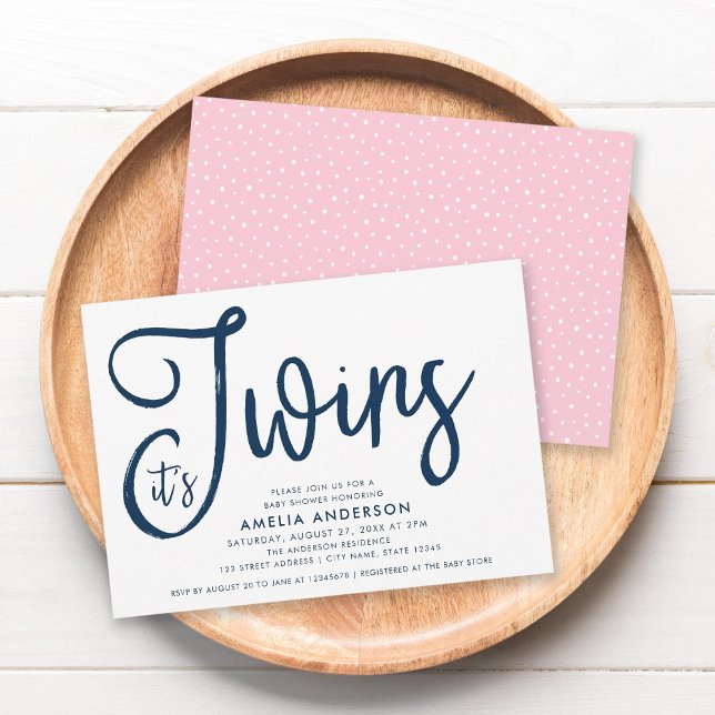 Blue Script and Pink It's Twins Baby Shower Invitation (Creator Uploaded)
