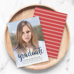 Blue Script and Red Photo Graduation Announcement