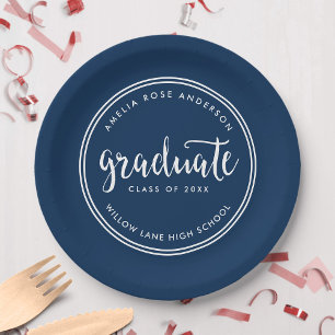 Blue Script and White Stripes Graduate Graduation Paper Plate