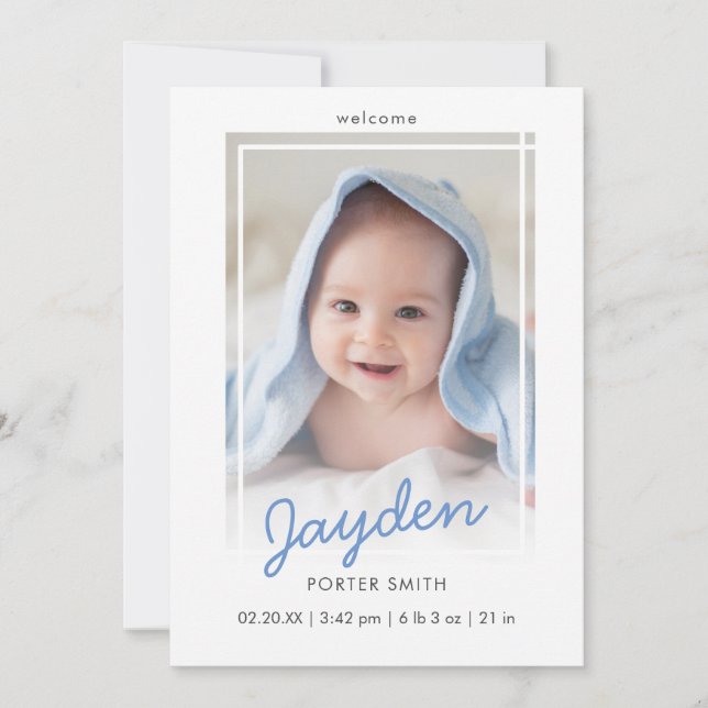 Blue Script Boy Photo Birth Announcement Card (Front)