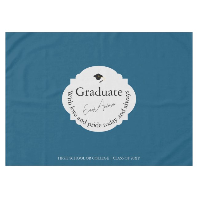 Blue Script Graduate Elegant Modern Graduation Tablecloth (Front (Horizontal))