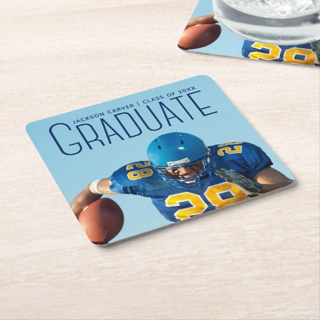 Blue Script Graduate Photo Custom Graduation Party Square Paper Coaster (Angled)