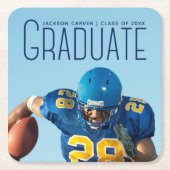 Blue Script Graduate Photo Custom Graduation Party Square Paper Coaster (Front)